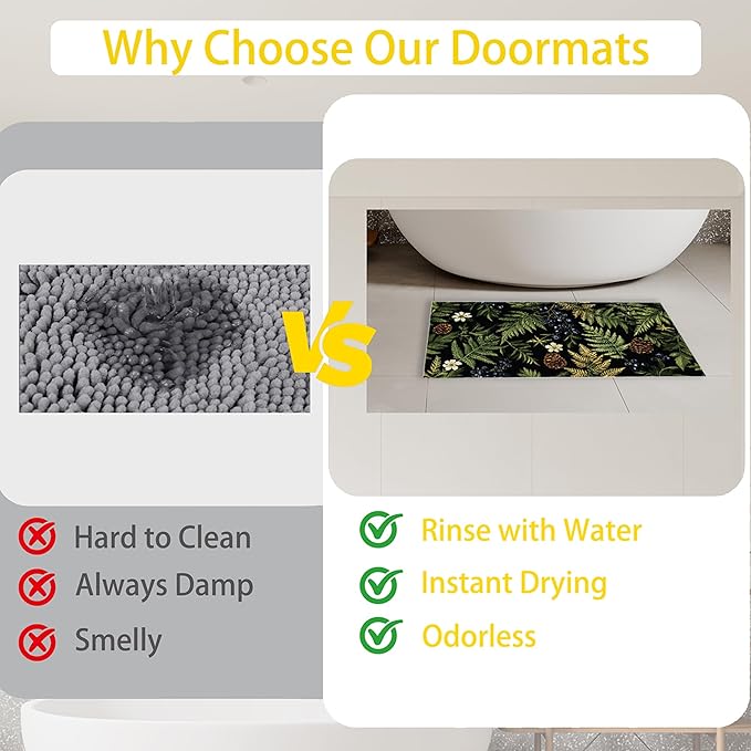 Green Herb Leaves Indoor Outdoor Rugs,Forest Berries Pine Cones Doormat Outside Entrance,Non-Slip Welcome Mat Indoor Felt Floor Mat for Back Door Patio, Porch,Home Entryway,30 x 17 Inch