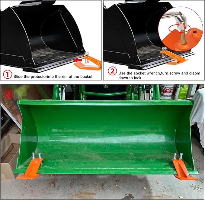 Tractor Bucket Protector, EBESTTECH 2 PCS Bucket Edge Anti-Skid Device Ski Edge Protector Double Hexagon Lock Nuts and Bolts,for Snow Leaves Removal Spreading Gravel,Orange