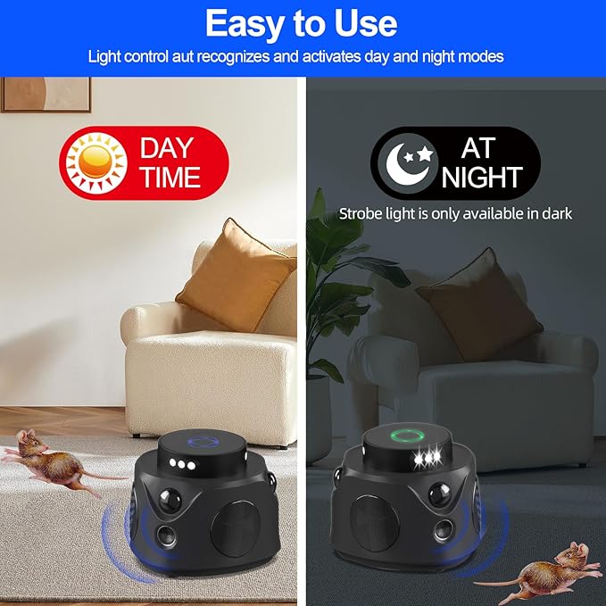 Mice Repellent Indoor,Upgraded Rodent Repellent, Ultrasonic Powerful 360° Pest Repellent with 3 Sided Sensing 9 Strobe Lights,Bat Squirrel Mouse Repellent for Home Attic Garage Houses Barns Warehouse