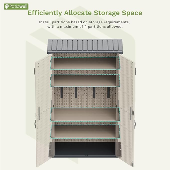 Patiowell Shelf of Plastic Outdoor Storage Cabinet, 26/50 Cu Ft Lockable Outdoor Storage Shed Waterproof Patio Tools Storage Box (2 Shelves),Beige