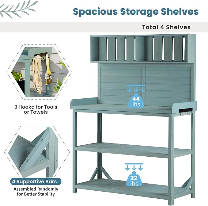 Outdoor Wooden Potting Bench Table – Farmhouse Garden Workstation with Drawers, Cabinet & Storage Shelves, Large Fir Wood Work Table for Patio, Backyard, Mudroom, Greenhouse (Green, 65'' H)