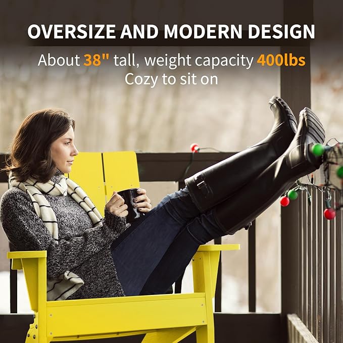 MXIMU Modern Adirondack Chair Weather Resistant with Cup Holder Oversized Fire Pit Chairs Adorondic Plastic Outdoor Chairs for Firepit Area Seating (Yellow)