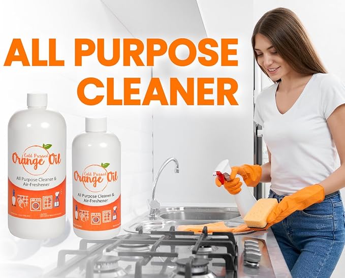 Premium Cold Pressed Orange Oil Concentrate- 32 oz (with D-Limonene), Concentrated Cold Pressed Orange Oil Blend - All-Purpose Citrus Cleaner and Degreaser Blend