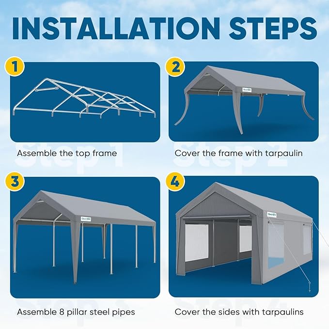 Quictent 10x20 ft Heavy Duty Carport Canopy Galvanized Car Tent Outdoor Garage Boat Shelter with Reinforced Structure with Roll-up Ventilated Windows Sidewall - Gray
