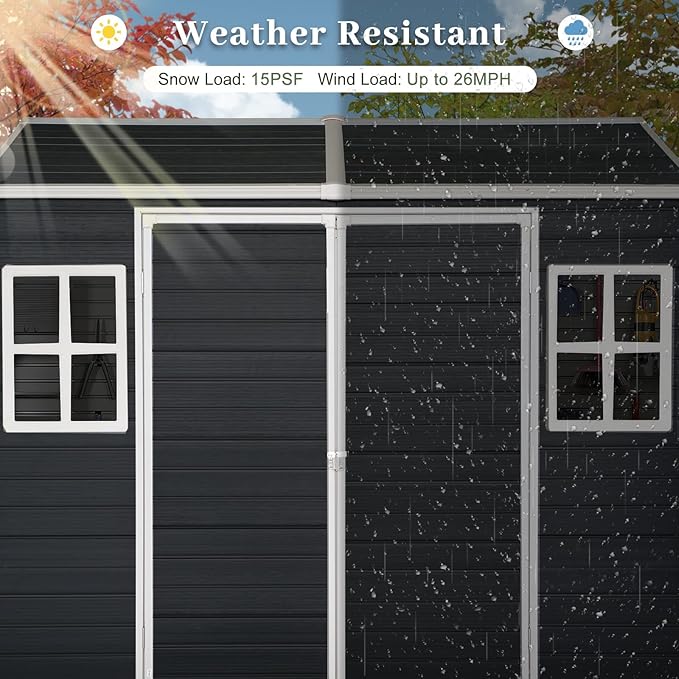 8x4 FT Resin Storage Sheds Outdoor with Floor Included, Plastic Sheds & Outdoor Storage Clearance with 2 Windows and Lockable Door, Backyard Storage Sheds for Bike, Garden Tools