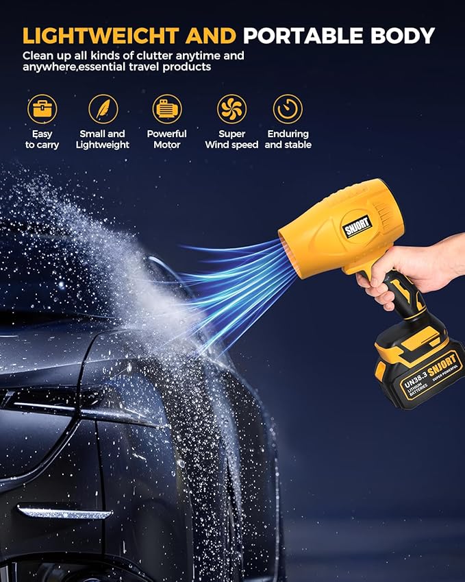 Leaf Blower Cordless with Battery and Charger,800,000 RPM,Extended Nozzle,Lightweight Handheld Design,Blower for Patio Cleaning,car Blowing Water,Blowing Leaves and Dust（Amber Yellow）