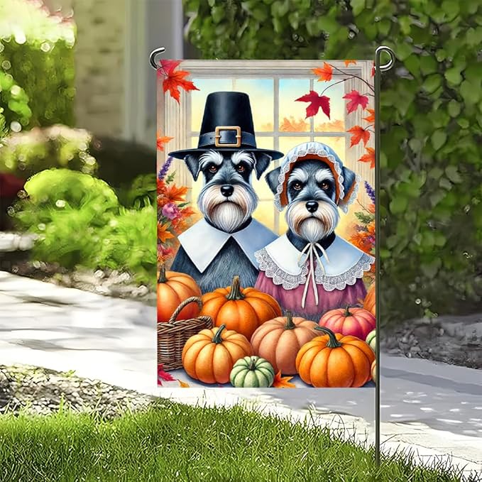 Thanksgiving Fall Decor Garden Flag Double Sided Autumn Leaves and Pumpkins Welcome Outdoor Decoration 12 x 18 Inch Dog Couple