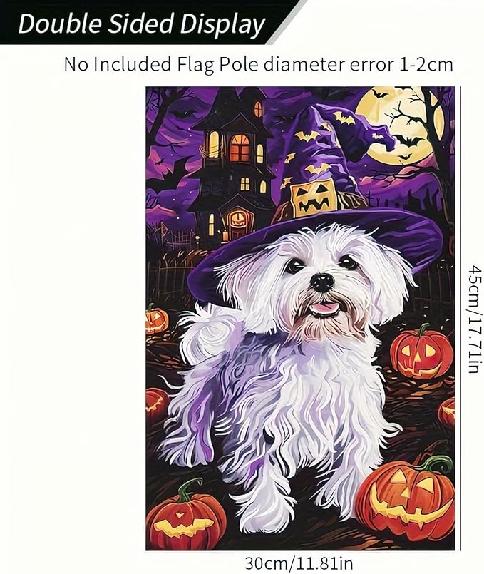 Halloween Decorations Outdoor Garden Flag 12x18 Inch Double Sided Maltese Dog Witch Hat Pumpkin Fall Decor Yard Lawn Porch Patio Halloween Garden Flags