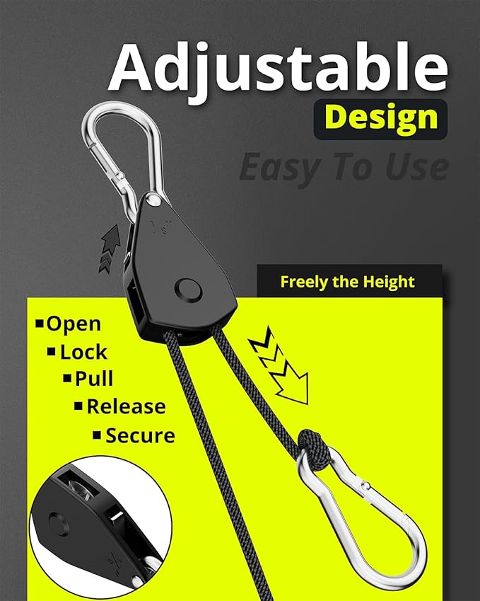 12-Pack 1/8" Adjustable Rope Hanger, Heavy-Duty Ratchet Tie Down Strap with Reinforced Metal Gear, 10 FT Length, 75 lbs Capacity for Grow Lights, Hanging Plants, and General Tie-Downs