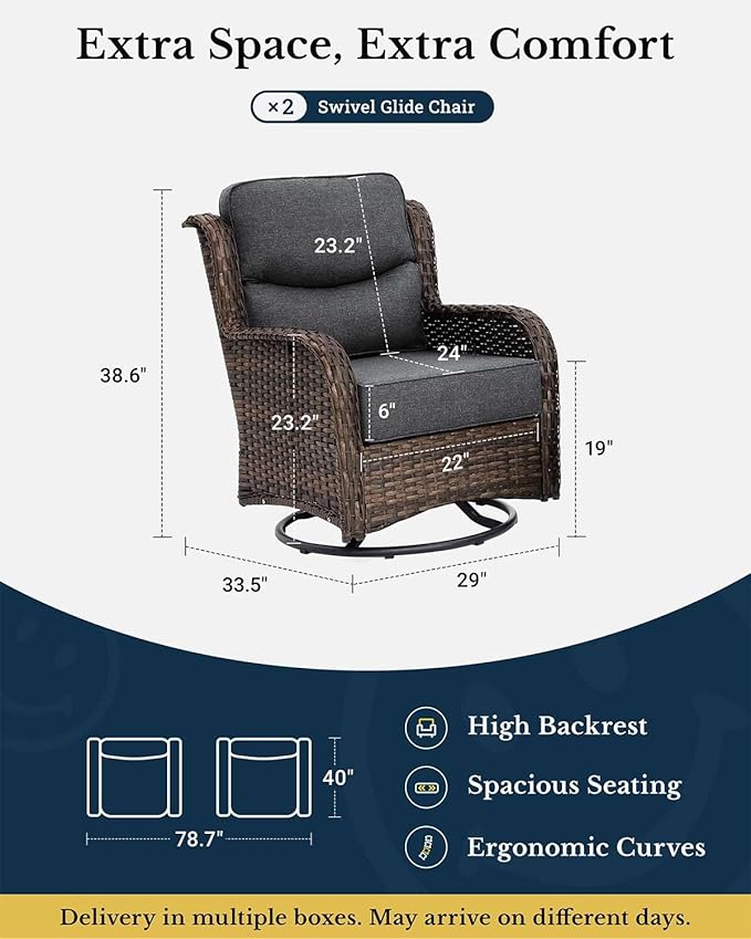 HILLGA Luxury Patio Furniture Set with 6-inch Thick Cushion, Outdoor High Back Swivel Rocker Patio Chairs, 2PCS Wicker Conversation Set for Deck Yard and Poolside, Dark Grey (V2)