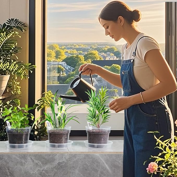 BTPLASTIK Clear Plastic Nursery Pots for Plants, 6 Inch Transparent Plant Pot with Drainage Holes, Flower Pots with Saucers, Seed Starter Pots with 15 Pcs Plant Labels, Gardening Gifts