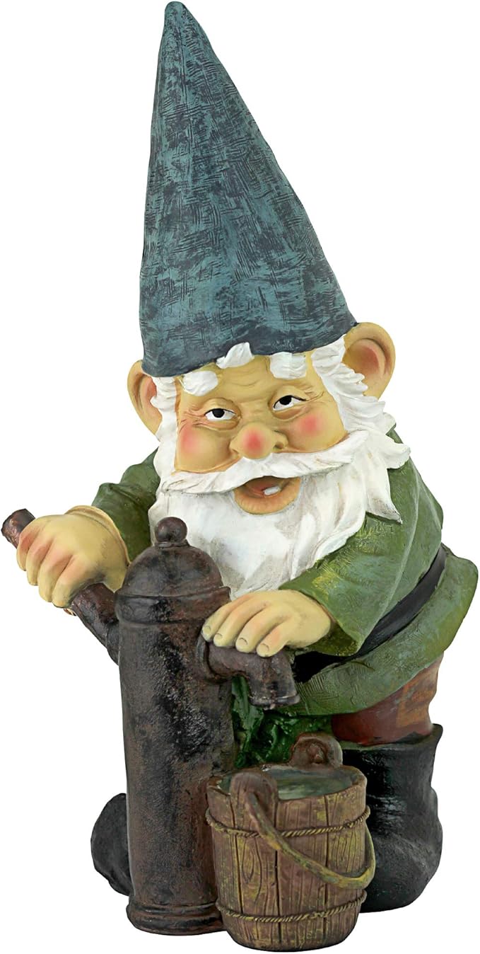 Design Toscano Garden Gnome Statue - Water Pump Pete Garden Gnome - Lawn Gnome Full Color