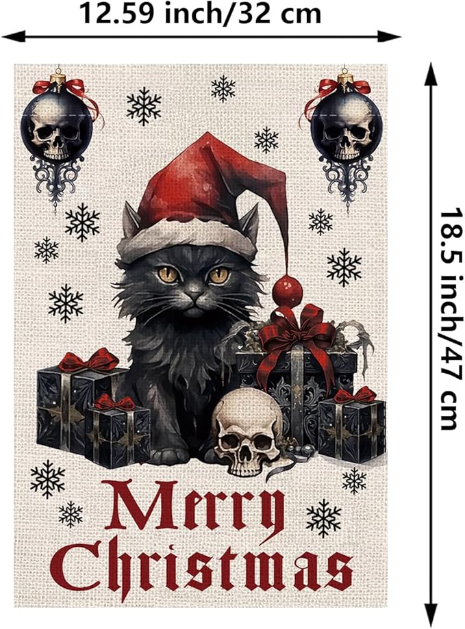 Gothic Christmas Garden Flag Black Cat Goth Halloween Christmas Decor Winter Vertical Burlap Double Sided Yard Welcome Flag Seasonal Xmas Decorations for Festival Holiday Winter Decorations Gifts 12.5*18 Inch