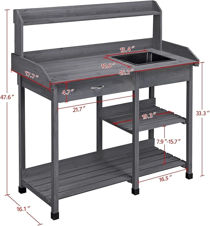 Yaheetech Outdoor Potting Bench Table Potters Benches Garden Workstation for Horticulture with Drawer/Adjustable Shelf Rack/Removable Sink/Hooks/Pads, Gray