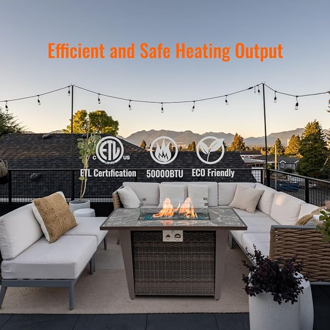 42'' Propane Fire Pit Table, Marble Tile Ceramic Tabletop with Glass Wind Guard, 50,000 BTU Fire Table with Inclined Leg and Art Powder Design, Blue Glass Rocks, Including Lid&Cover, Brown