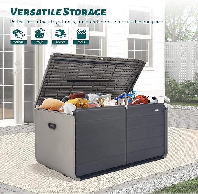 Domi 260 Gallon Outdoor Storage Box – Waterproof, UV-Resistant Deck Box with Lockable Lid for Patio Furniture, Garden Tools, Delivery Packages (Large Resin Storage Bin）