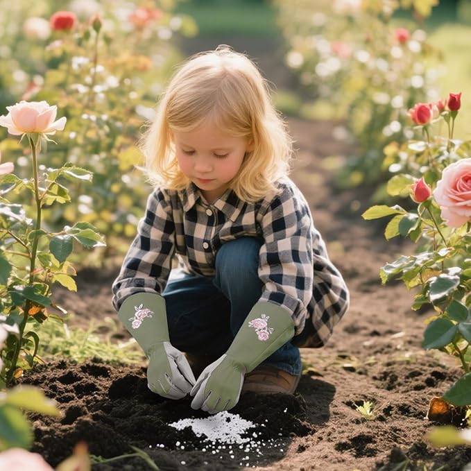 Kids Garden Gloves with Thorn Resistant, Embroidery Children Gardening Gloves with Extra Long Forearm Protection(3-5)