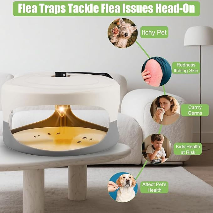 Flea Traps for Inside Your Home, 2 Packs Flea Trap for Home & Garage with 6 Sticky Disc 6 Bulbs 2 Electric Wires Bed Bug with Light for Indoor Safe to Pets