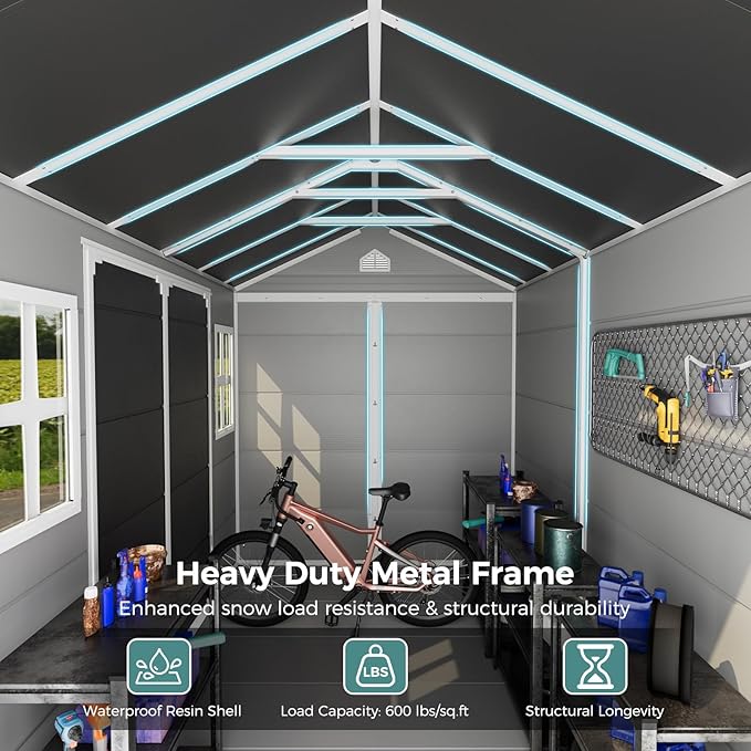 CDCASA 8x6 FT Resin Storage Sheds with Floor, Waterproof Large Outdoor Sheds & 2 Windows,Outside Plastic Tool Shed for Backyard Garden Patio Lawn