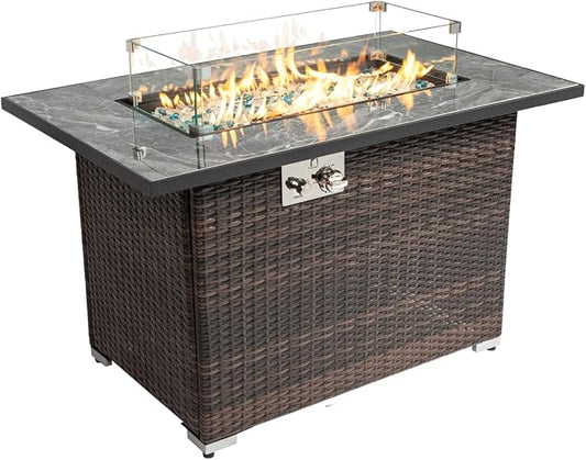 44in Outdoor Propane Gas Fire Pit Table, 50,000 BTU Auto-Ignition Gas Firepit with Glass Wind Guard, Marble Tile Tabletop, Mixed Color Glass Rocks, Brown PE Rattan…