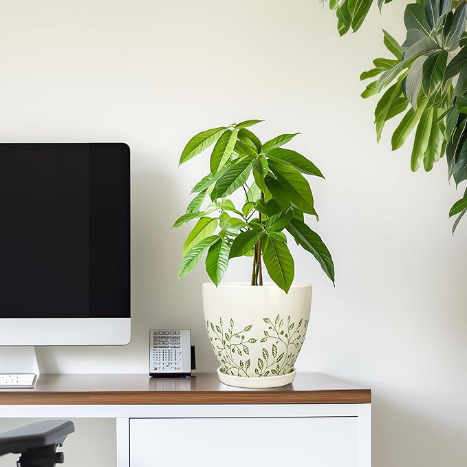 6.8 Inch Plant Pot - Ceramic Pot for Indoor Outdoor Plants, Boho Decorative Round Ceramic Planter with Drainage Hole and Saucer, Housewarming Gifts, Office Garden Home Decor, White