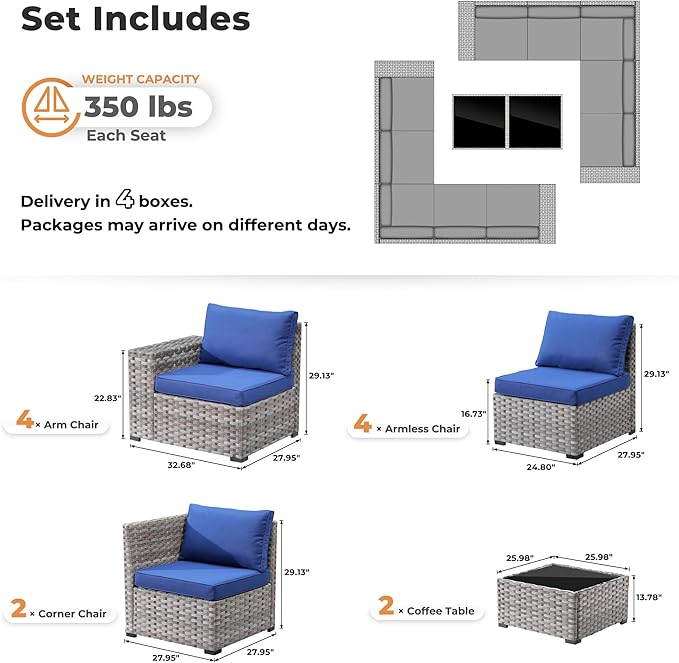 ovios 12 Pieces Patio Furniture Set, Outdoor Wicker Sectional Sofa with Glass Table Comfy Cushions, Modern Modular Deep Seat Couch Rattan Conversation Set, Navy Blue