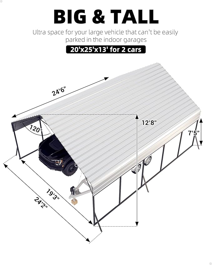 20'x25'x13' Metal Carport for 2 Cars, Heavy Duty Extra Tall Carport for Heavy Snow, Reinforced Frame, Permanent Shelter for Bass Boats, Full-Sized Pickup Trucks, and Tractors, N.W. 980 Lbs