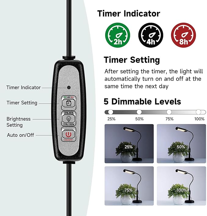 Grow Lights for Indoor Plants 10 inch Lamp Full Spectrum Desk LED Grow Light with Base For Indoor Plant Growing Lamp, Adjustable Gooseneck, Suitable Plants Growth (Without USB Plug) (105 LEDS)