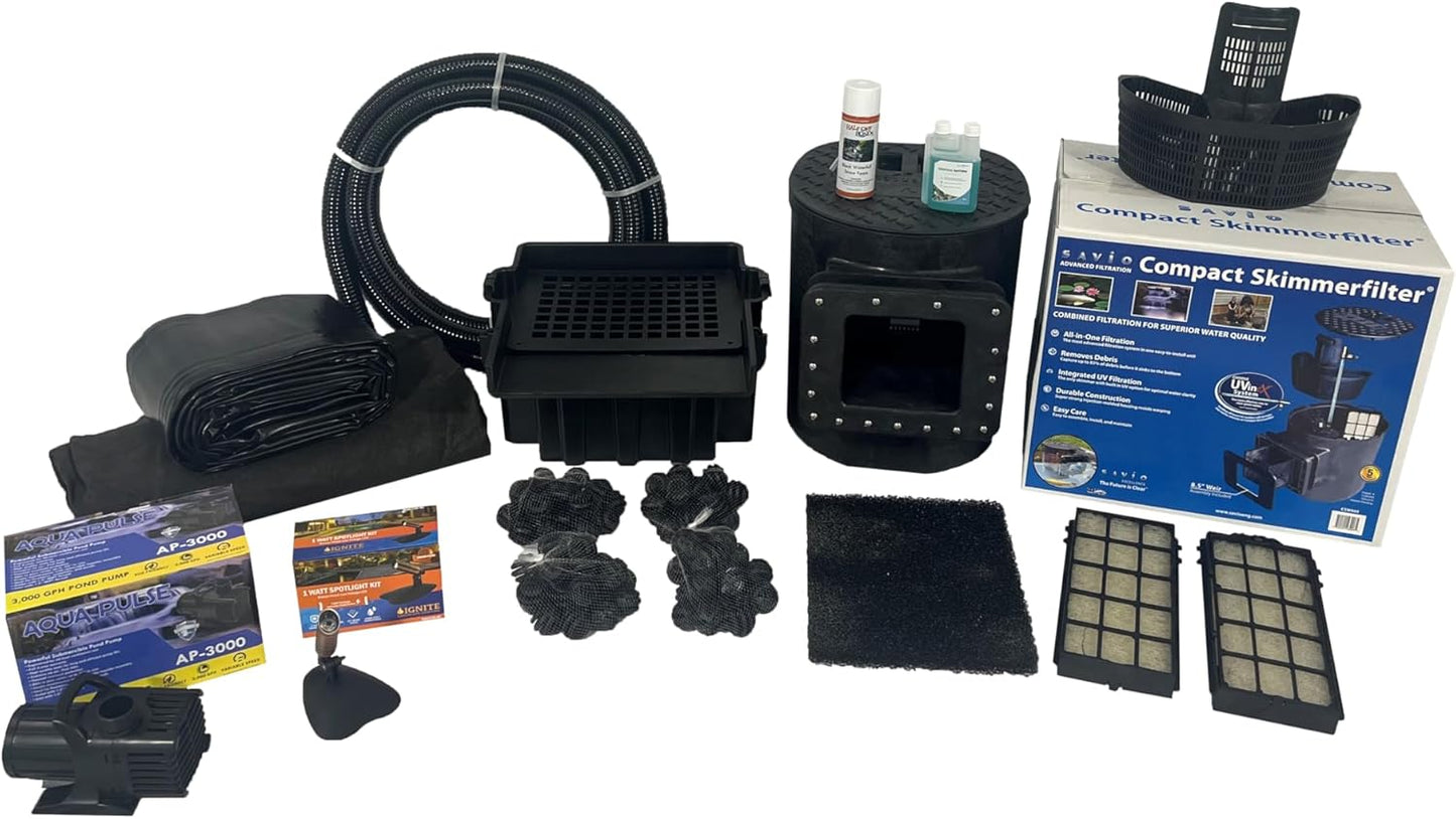HALF OFF PONDS Savio Select 3,000 GPH Submersible Pump Pond Kit with 15' x 15' PVC Plastic Pond Liner for Water Garden & Koi Pond