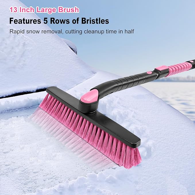 HEEYA 48 Inch Long Snow Brush for SUV, Extendable Ice Scraper and Brush with Foam Grip, 360° Pivoting Snow Car Brush for Truck Auto Jeep RV Vehicle Windshield Window - Pink
