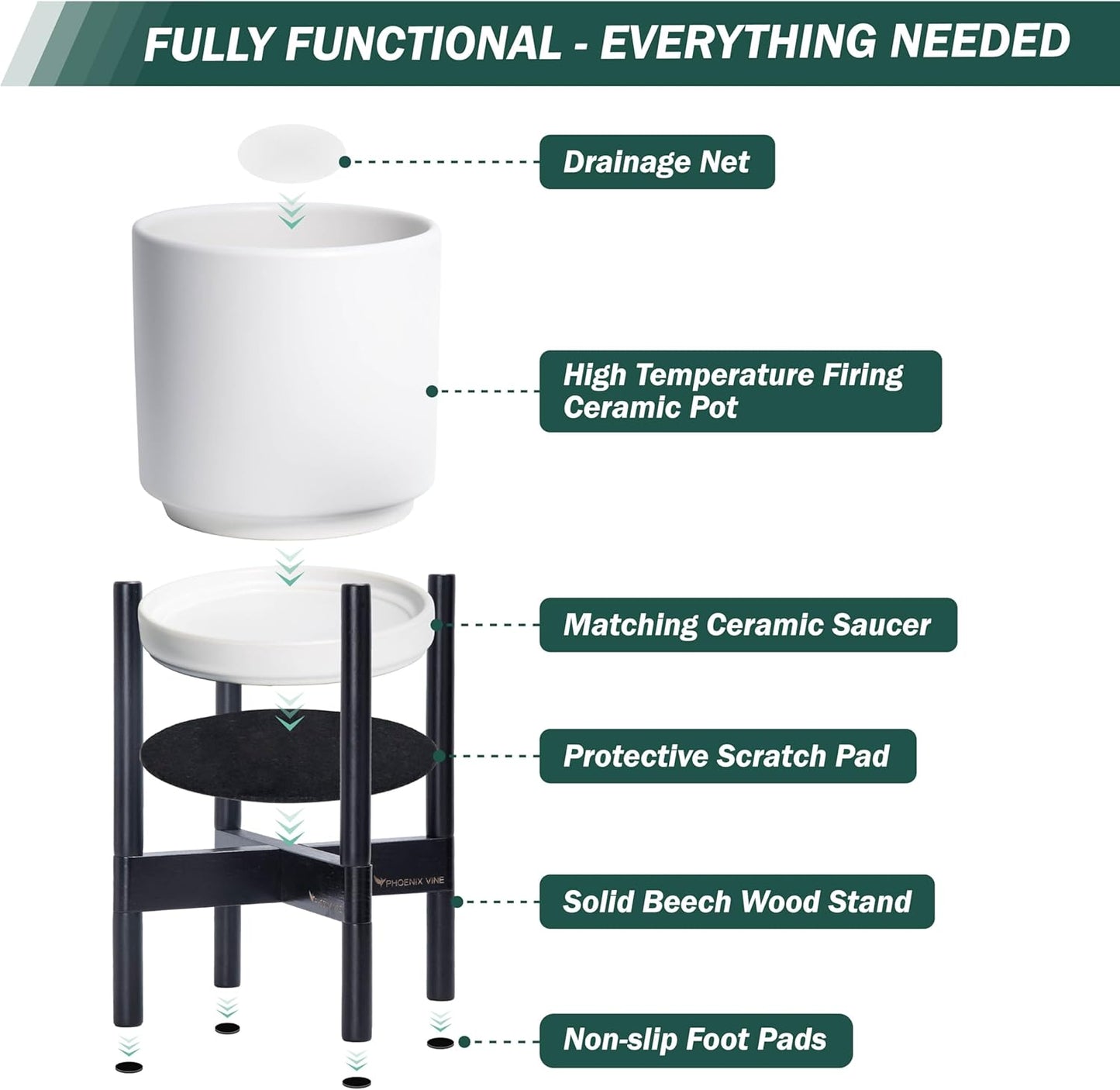 D'vine Dev Ceramic Planter with Ebony Stand - 10 Inch Modern Round Flower Pot with Wood Planter Holder, White, 55-B-L-1