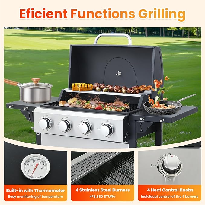 4-Burner Propane Gas BBQ Grill with Porcelain-Enameled Cast Iron Grates, 2 Foldable Side Table, 34,200 BTU Stainless Steel Grill for Outdoor Camping Barbecue Grilling Backyard Cooking