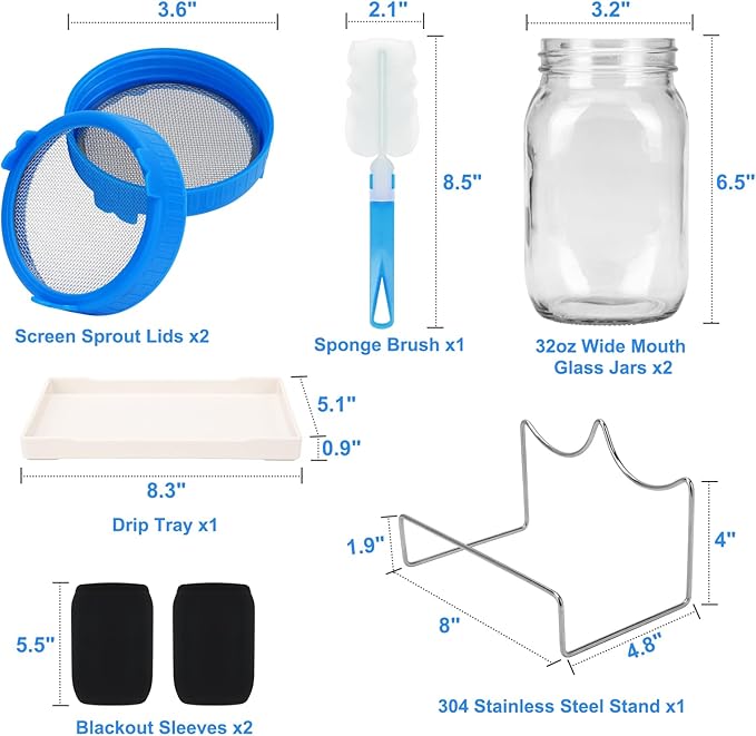 Lulonpon Sprouting Kit, 2 Sprouting Jar Kits, Wide Mouth Quart Mason Jars with Stainless Steel Screen Sprout Lids,1000ml Sprouts Growing Kit, Seed Sprouter Set for Growing Broccoli, Bean, Alfalfa