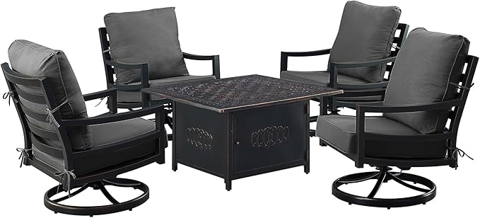 Oakland Living Black Aluminum Patio Fire Table Set with Four Club Chairs with Black Cushions