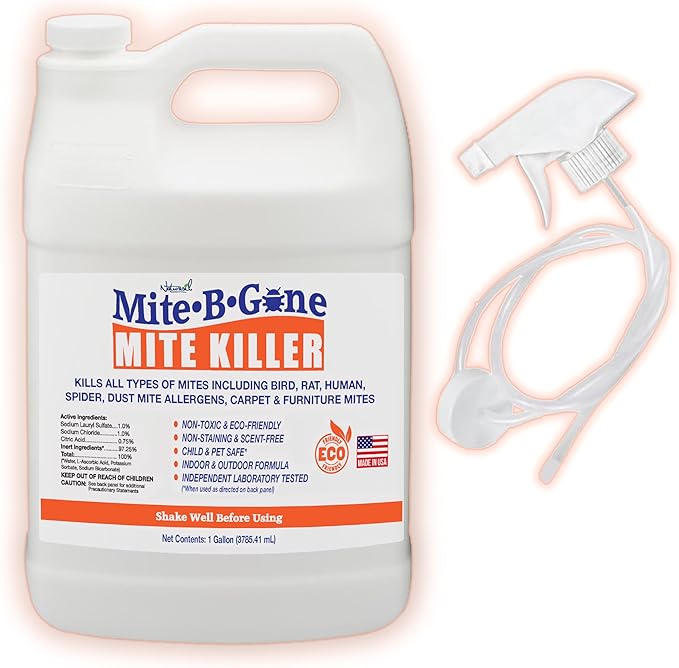 Mite Killer Treatment Spray for Home by Mite-B-Gone - Kills All Types of Mites, Dust, Spider, Rat, Carpet & Bird Mites | Safe for Homes, Furniture & Animals | Non-Toxic | Kid & Pet Friendly | 1 Gal