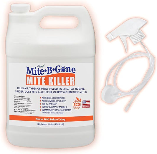 Mite Killer Treatment Spray for Home by Mite-B-Gone - Kills All Types of Mites, Dust, Spider, Rat, Carpet & Bird Mites | Safe for Homes, Furniture & Animals | Non-Toxic | Kid & Pet Friendly | 1 Gal