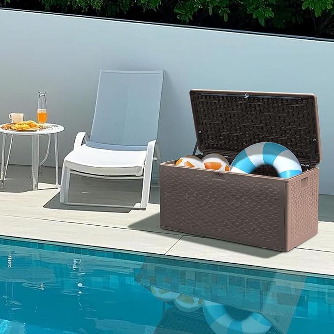 73GAL Brown Blow - Molded Outdoor Deck Box with Lock Hole - Waterproof, SGS - Protected from UV, Spacious for Garden Equipment and Pool Toys Storage, Easy to Assemble