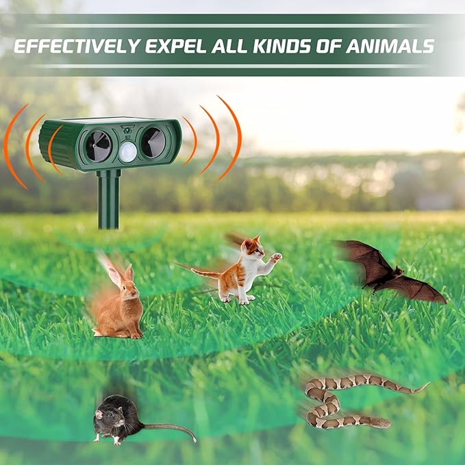 4 Pack Ultrasonic Animal Repellent Solar Deer Repellent Devices Cat Repellent Outdoor Animal Cat Deterrent to Repel Dog, Squirrel, Raccoons, and Rabbits Skunk Waterproof with Motion Sensor