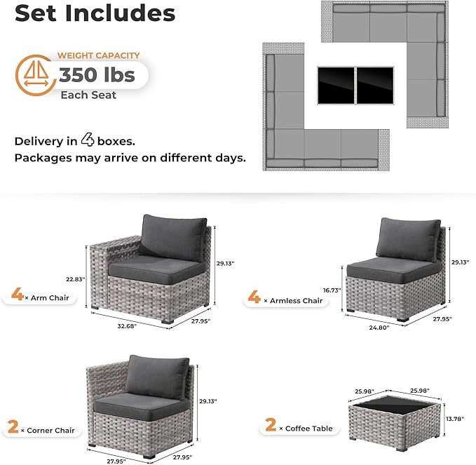 ovios 12 Pieces Patio Furniture Set, Outdoor Wicker Sectional Sofa with Glass Table Comfy Cushions, Modern Modular Deep Seat Couch Rattan Conversation Set, Black