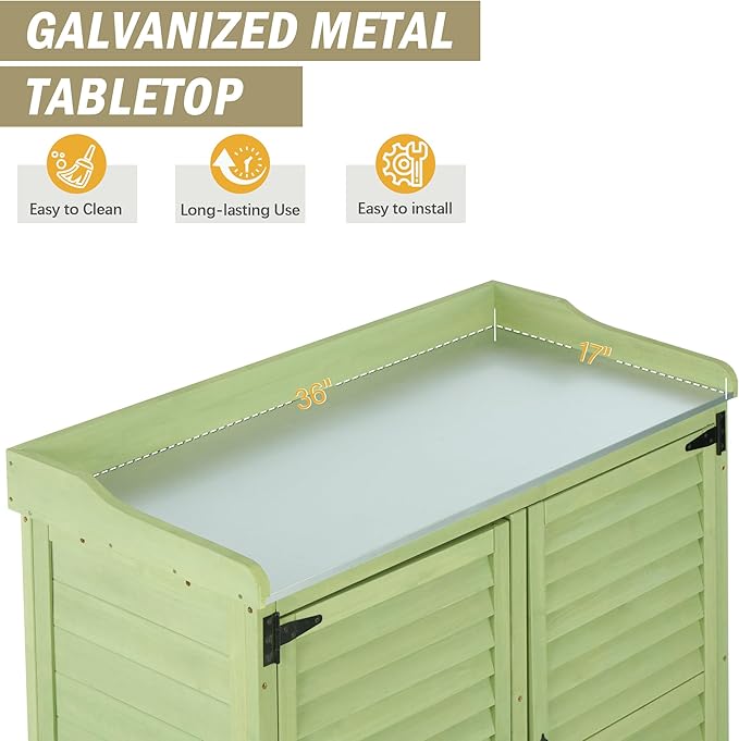 Outdoor Potting Bench with Metal Work Top,Waterproof Garden Storage Cabinet,Wooden Tool Station Shed for Backyard,Patio,Lawn Gardening