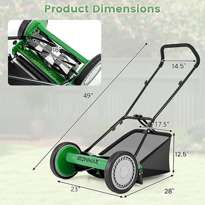 Goplus Manual Lawn Mower, 16 Inch 5-Blade Walk-Behind Cordless Grass Cutter with 7 Gallon Removable Grass Collect Bag, Adjustable Cutting Heights, Push Reel Lawn Mower for Yard, Garden