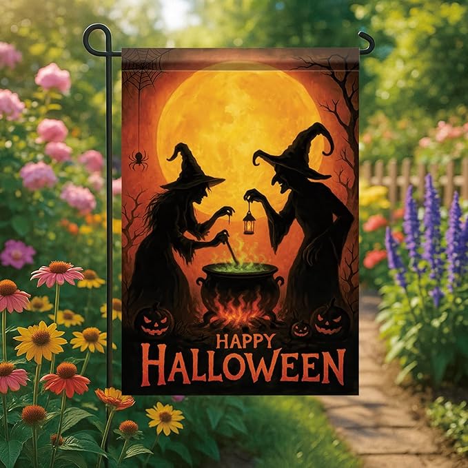 Happy Halloween Garden Flag Witches Cauldron Full Moon Flag 12x18 Inch Double Sided Outdoor Yard Banner for Trick or Treat Haunted House Halloween Decoration Decor