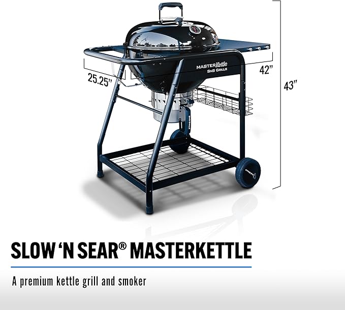 SnS Grills MasterKettle Charcoal Grill and Smoker with Patented Slow ‘N Sear Deluxe Insert, EasySpin Grate for Two-Zone Cooking and Integrated Table, Low ‘N Slow Smoking and BBQing - Black 22-Inch