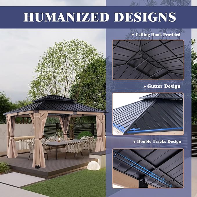 CHARMELEON Cedar Wood Gazebo 10x12 ft – Gazebo Wooden with Double Metal Roof – Hardtop Gazebo Kits with Mosquito Netting & Curtains – Wood Frame Gazebos Pavilion for Outdoor, Patio, Backyard and Deck