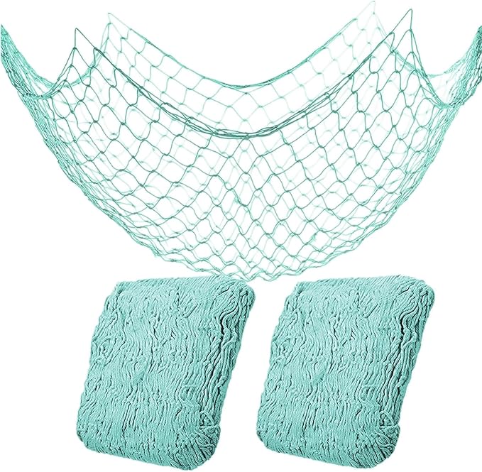 2 Pack Fish Net Decorations for Party, Natural Cotton Hawaiian Party Fishing Net Decorative, Nautical Themed Cotton Fishnet Under The Sea Pirate Ocean BeachHalloween Decor Blue