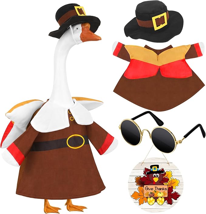 Porch Goose Outfits Pilgrim with Accessories Yard Garden Lawn Goose Clothes for Plastic Cement Goose Statue 23" H Large Fall Autumn Thanksgiving Porch Goose Costume Set for Patio Outdoor Decoration