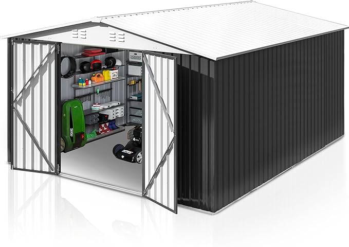 Polar Aurora 10x12 FT Outdoor Storage Shed, Utility Metal Tool Storage with Lockable Doors and Updated Frame Structure, Metal Garden Shed for Backyard, Patio Lawn, Black, White