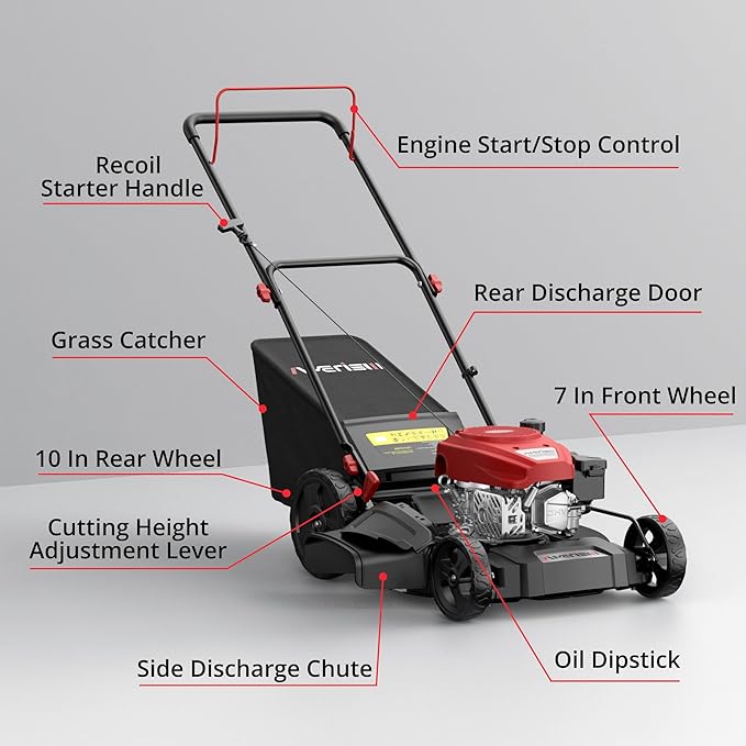 21-Inch 3-in-1 Gas Push Lawn Mower with 144cc 4-Stroke OHV Engine, 6-Position Adjustable Cutting Height, Large 1.4 Bushel Grass Catcher, Side Discharge & Mulching, Lightweight Easy Storage
