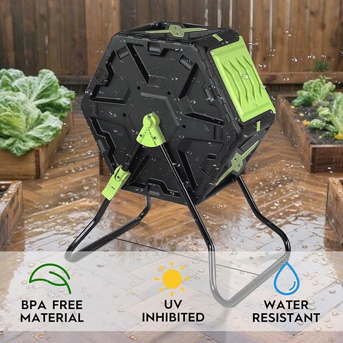 Compost Bin, 21 Gallon Small Composter Tumbler Outdoor Compact Single Rotating Chamber with Sliding Door and Steel Frame, BPA-Free Composting Bin for Garden, Kitchen, and Yard Waste