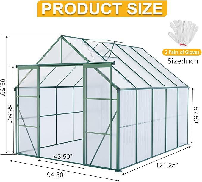 KEIKI 8x10 FT Double Door Polycarbonate Greenhouse with Aluminum Frame,Raised Base and Roof Vent,Walk-in Greenhouses for Patio Garden Backyard